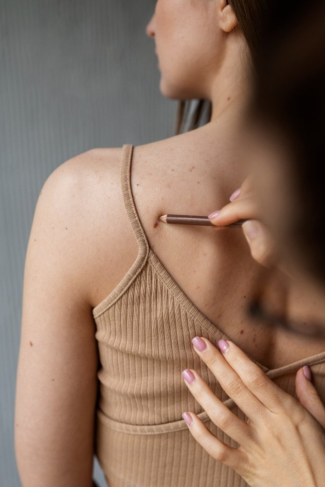 Дерматохирург Cayra Clinic осматривает пациента перед удалением жировика